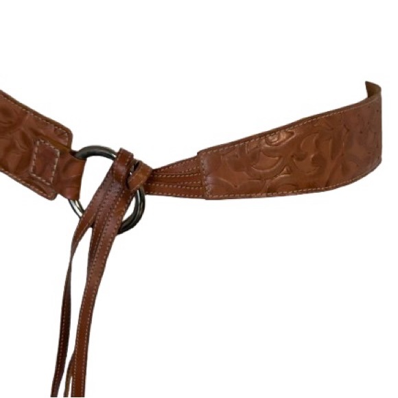 Harold’s Leather Brown Belt Fringe Brown Embossed Tooled Floral Boho Vintage SM - Picture 1 of 11
